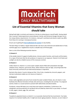 List of Essential Vitamins that Every Woman should take