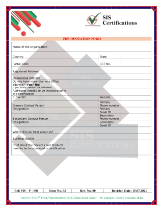 ISO Application form | PRE-QUOTATION FORM | ISO Certification Process - SIS CERT
