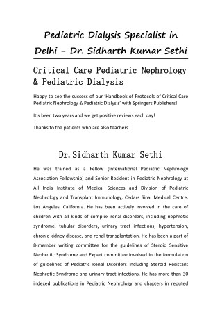 Pediatric Dialysis Specialist in Delhi - Dr. Sidharth Kumar Sethi