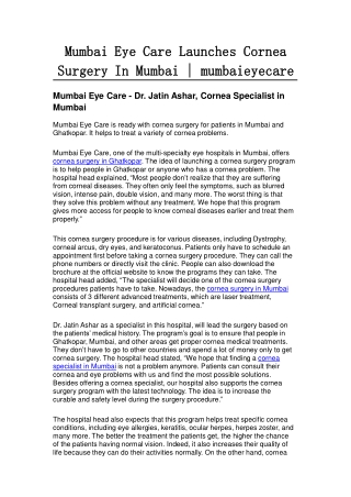 Mumbai Eye Care Launches Cornea Surgery In Mumbai | mumbaieyecare