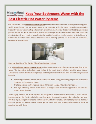 Keep Your Bathrooms Warm with the Best Electric Hot Water Systems