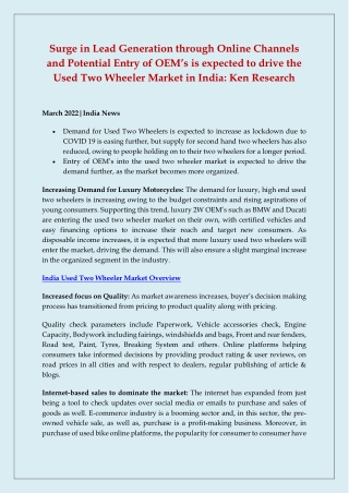 India Used Two Wheeler Market Outlook to 2026- Industry Analysis, Size