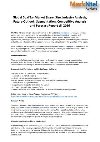 Coal Tar Market Industry Analysis, Future Outlook, Competitive Analysis and Forecast Report till 2026