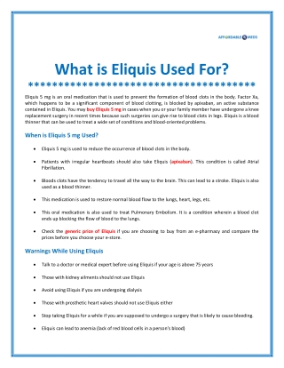 What is Eliquis Used For?