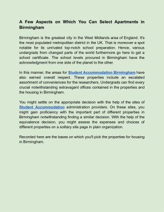 A Few Aspects on Which You Can Select Apartments in Birmingham