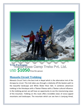 Manaslu Circuit Trekking  Manaslu Base Camp Trek