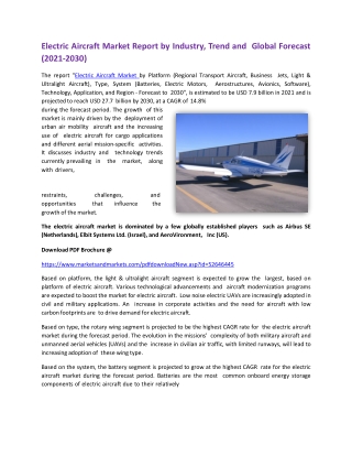 Electric Aircraft Market Report by Industry, Trend and Global Forecast (2021-2030)