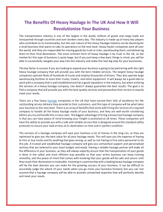 The Benefits Of Heavy Haulage In The UK And How It Will Revolutionise Your Business