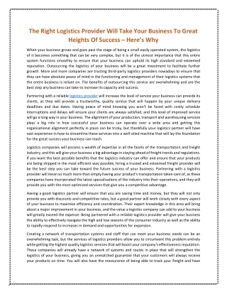 The Right Logistics Provider Will Take Your Business To Great Heights Of Success – Here’s Why