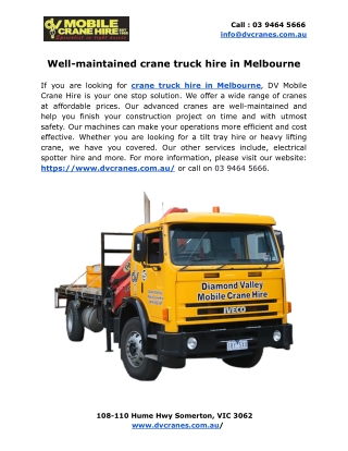 Well-maintained crane truck hire in Melbourne