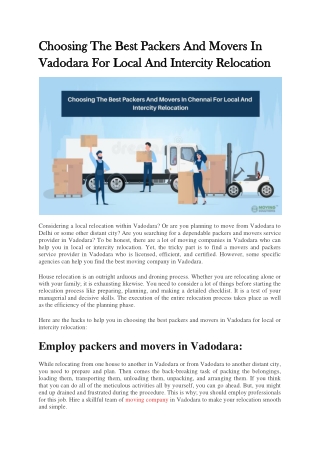 Choosing The Best Packers And Movers In Vadodara For Local And Intercity Relocation