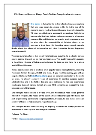 Eric Dewayne Manns – Always Ready To Gain Exceptional Achievements