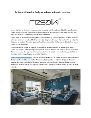Residential Interior Designer in Pune at Resaiki Interiors