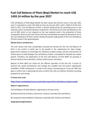 Fuel Cell Balance Of Plant (Bop) Market