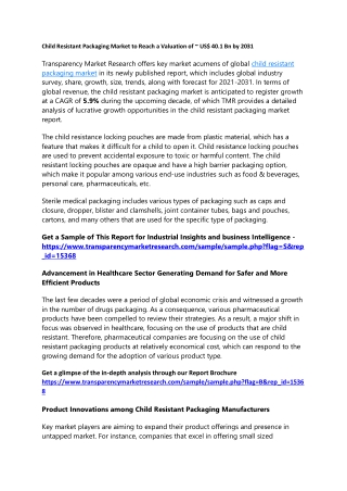 Child Resistant Packaging Market to Reach a Valuation of ~ US$ 40.1 Bn by 2031