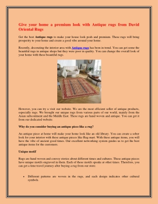 Give your home a premium look with Antique rugs from David Oriental Rugs