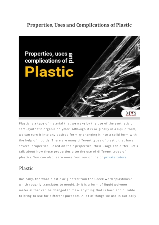 Properties Uses and Complications of Plastic