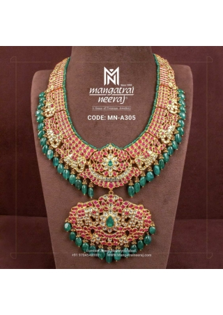 Kundan Haram with Emerald Beads Hangings