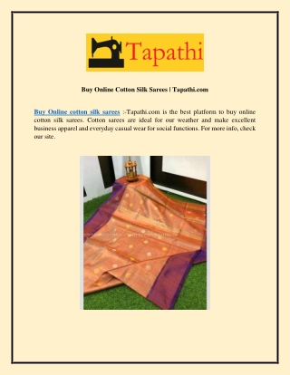 Buy Online Cotton Silk Sarees  Tapathi.com