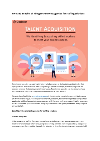 Role and Benefits of hiring recruitment agencies for Staffing solutions