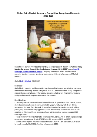 Global Dairy Market Summary, Competitive Analysis and Forecast, 2016-2025