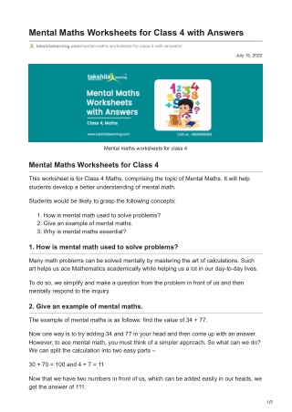 Mental Maths Worksheets for Class 4 with Answers