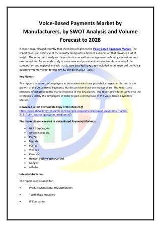 Global Voice-Based Payments Market Opportunities and Forecast 2020-2027