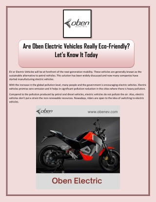 Are Oben Electric Vehicles Really Eco-Friendly? Let's Know It Today