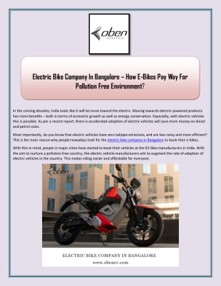 Electric Bike Company In Bangalore How E-Bikes Pay Way For Pollution Free Environment