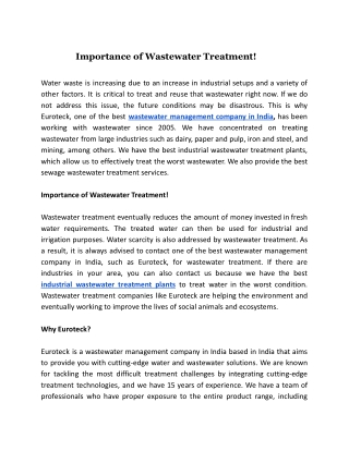Importance of Wastewater Treatment!