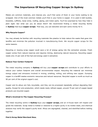 The Importance Of Recycling Copper Scraps In Sydney