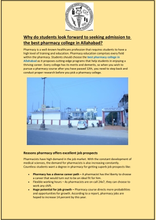 Seeking admission to the best pharmacy college in Allahabad
