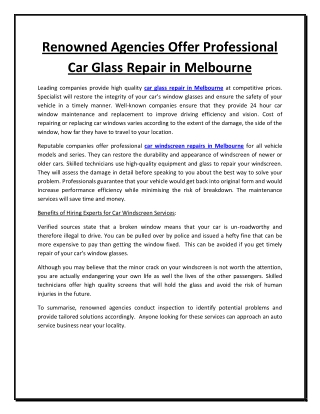 Renowned Agencies Offer Professional Car Glass Repair in Melbourne