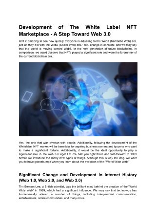 Development of The White Label NFT Marketplace - A Step Toward Web 3.0