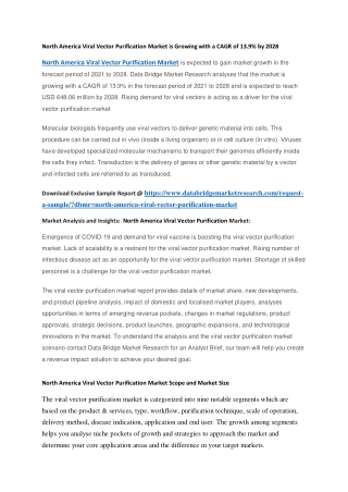 North America Viral Vector Purification Market is Growing with a CAGR of 13.9 by 2028