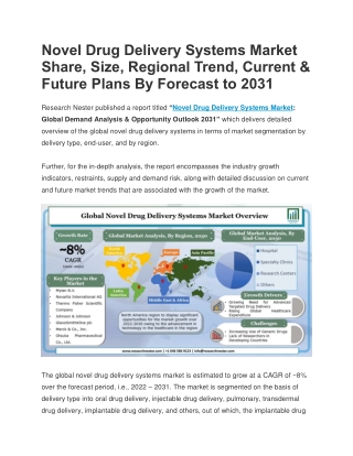 Novel Drug Delivery Systems Market Is  Grow at a CAGR of ~8% By 2031