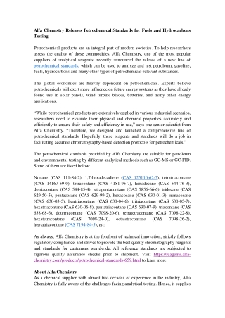 Alfa Chemistry Releases Petrochemical Standards for Fuels and Hydrocarbons Testing