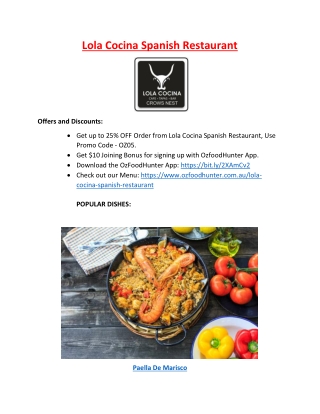 25% off - Lola Cocina Spanish Restaurant Crows Nest, NSW