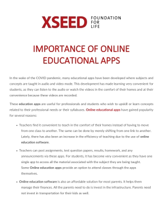Importance of Online Educational Apps and Softwares | XSEED Education
