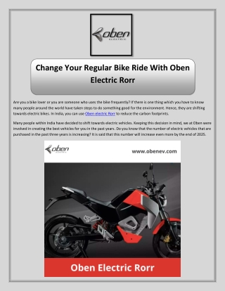 Change Your Regular Bike Ride With Oben Electric Rorr
