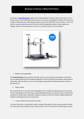 Reasons to Choose a Metal 3D Printer