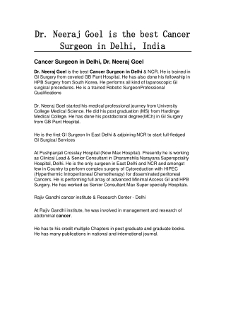 Dr. Neeraj Goel is the best Cancer Surgeon in Delhi, India