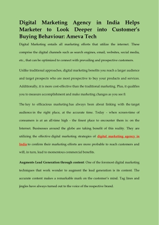 DIGITAL MARKETING AGENCY IN INDIA HELPS MARKETER TO LOOK DEEPER INTO CUSTOMERS BUYING BEHAVIOUR