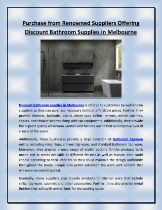 Purchase from Renowned Suppliers Offering Discount Bathroom Supplies in Melbourne