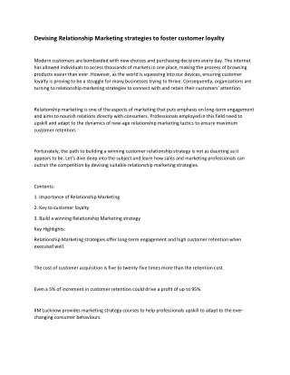 Devising Relationship Marketing strategies to foster customer loyalty