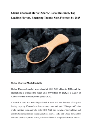 Global Charcoal Market Share, Global Research, Top Leading Players, Emerging Tre