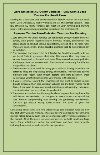 Zero Emission AG Utility Vehicles – Low-Cost &Best Tractor For Small Farm