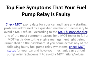 Top Five Symptoms That Your Fuel Pump Relay Is Faulty