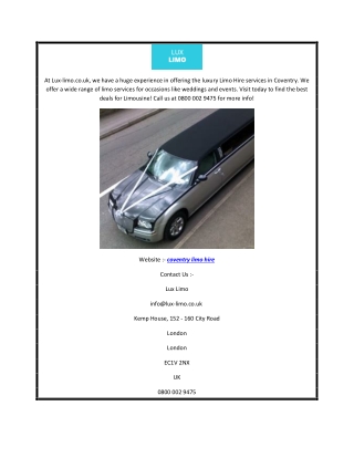 Luxury Coventry Limo Hire from Lux limo.co.uk