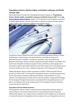 Drug Delivery Devices- Market Insights, Competitive Landscape and Market Forecas